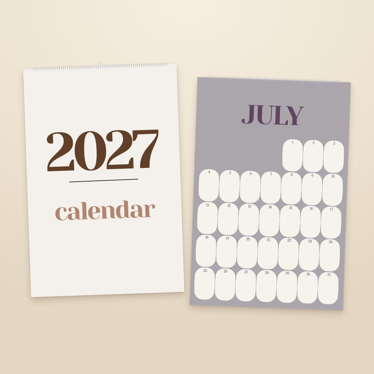 2027 Mid-Century Modern wall calendar, warm earth tones, cover and a month page