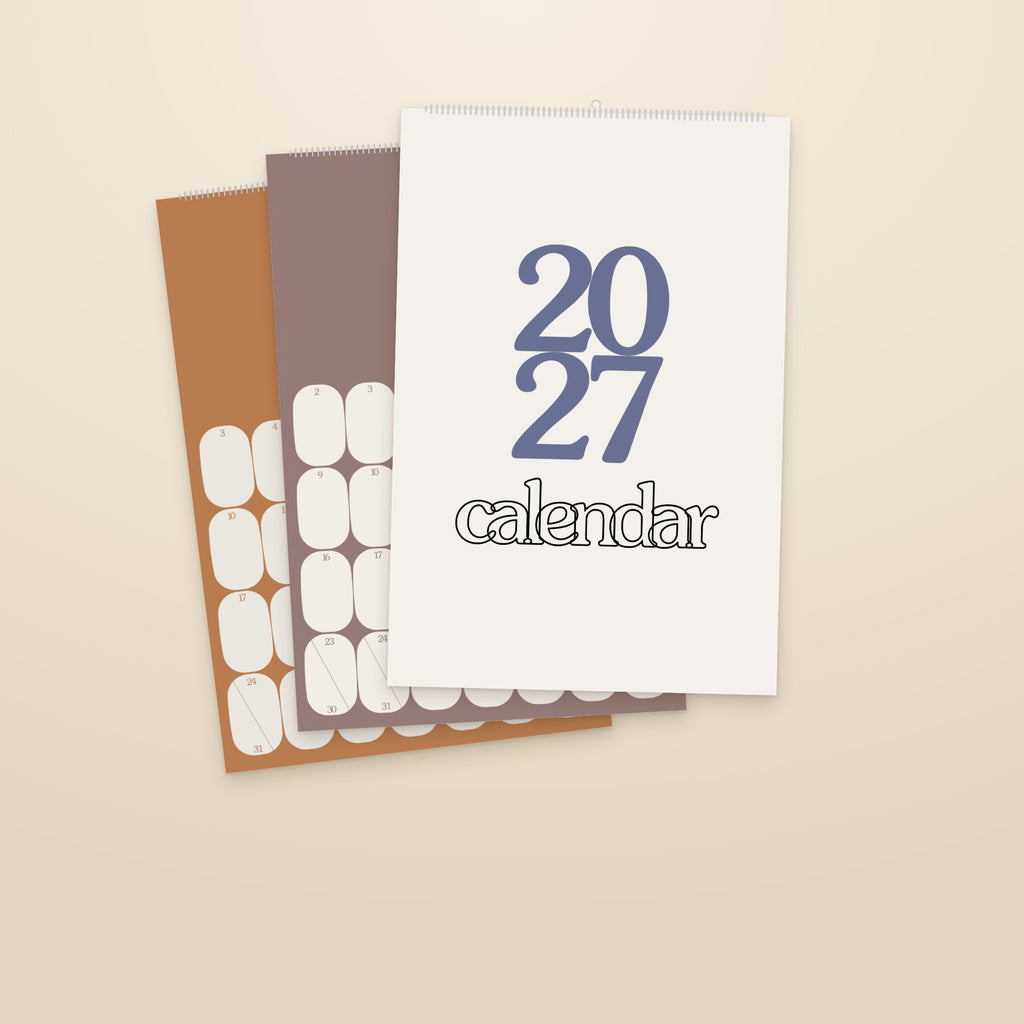 2027 Mid-Century Modern wall calendar, muted retro colours, cover with month pages behind