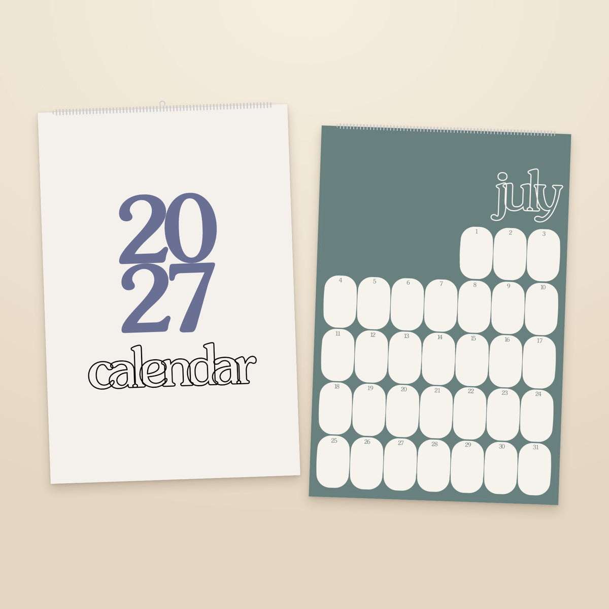 2027 Mid-Century Modern wall calendar, muted retro colours, cover and a month page