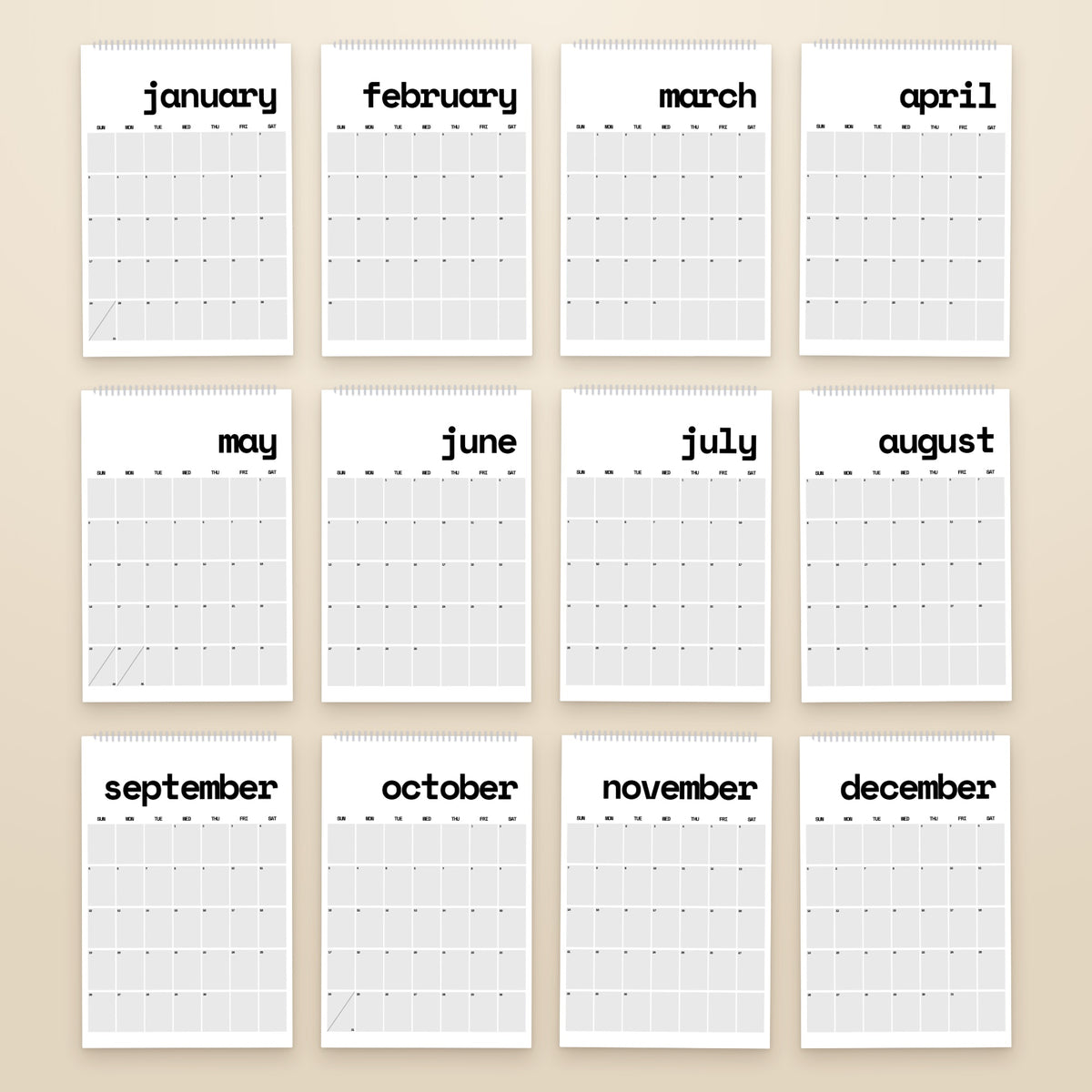 2027 Minimal wall calendar, black and white, all twelve months