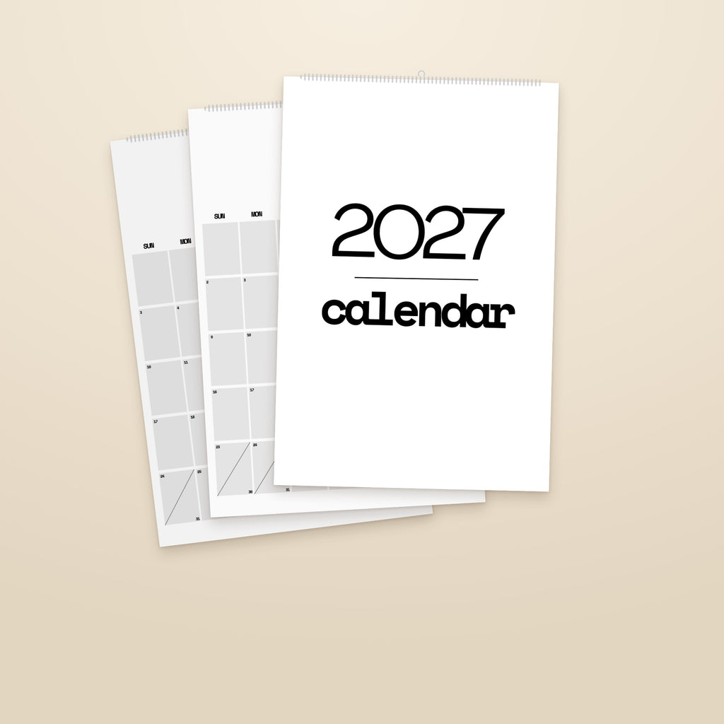 2027 Minimal wall calendar, black and white, cover with month pages behind