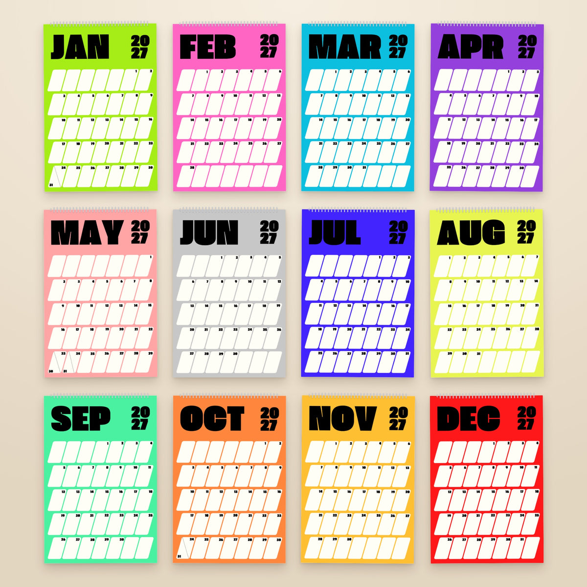 2027 Sport wall calendar, bold colour blocks, all twelve months