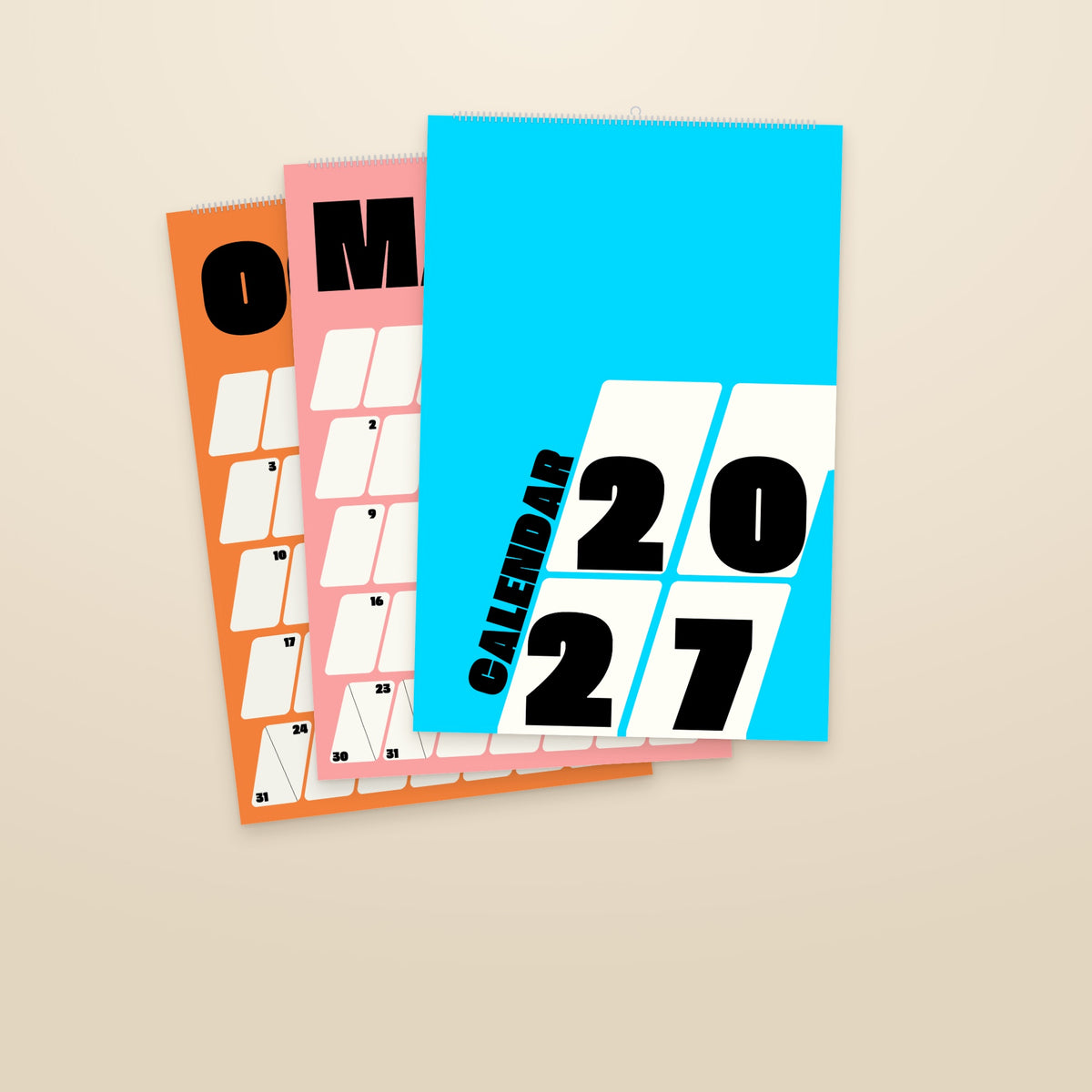 2027 Sport wall calendar, bold colour blocks, cover with month pages behind