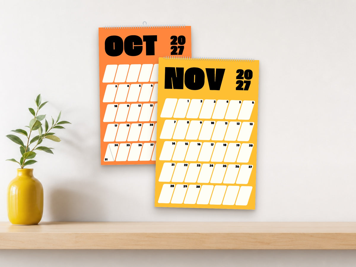 2027 Sport wall calendar, bold colour blocks, October and November shown on a wall
